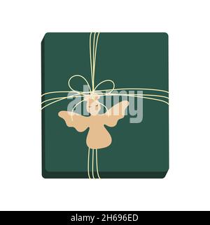 Gift box with tag in angel shape. Design for greeting card, banner, poster. Vector illustration. Stock Vector