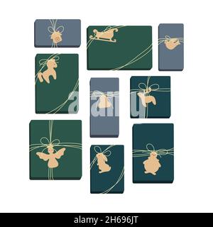 Set of gift boxes with tags. Design for greeting card, banner, poster. Vector illustration. Stock Vector