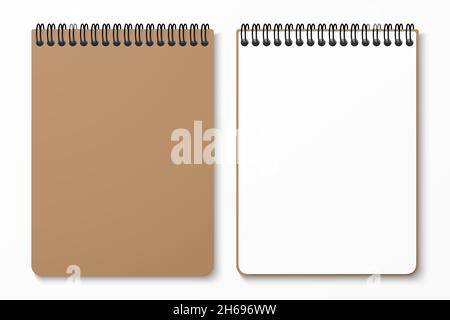 Top view of yellow spiral notebook with space for your image or text isolated on white background for mockup. Design concept. Vector illustration. Stock Vector