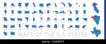 Collection of low-polygon maps of U.S. states with a state capital sign. Maps sorted alphabetically. Stock Vector