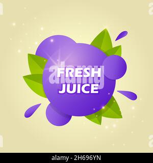 Juice fresh fruit label icon concept. Juicy drop and green leaves. Blueberry healthy juice design sticker. Stock Vector
