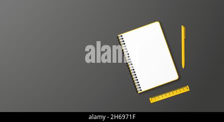 Top view of yellow spiral notebook with space for your image or text isolated on white background for mockup. Design concept. Vector illustration. Stock Vector