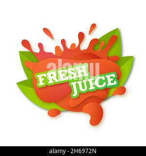 Juice fresh fruit label icon. 100% natural juicy strawberry drop. Strawberry healthy juice design sticker. Vector illustration. Stock Vector