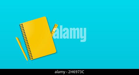 Top view of yellow spiral notebook with space for your image or text isolated on white background for mockup. Design concept. Vector illustration. Stock Vector