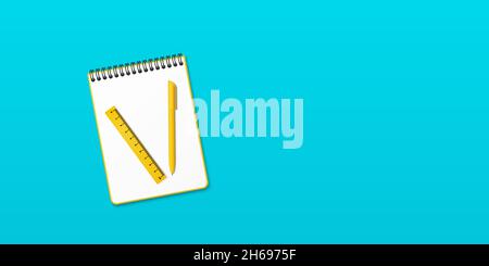 Top view of yellow spiral notebook with space for your image or text isolated on white background for mockup. Design concept. Vector illustration. Stock Vector