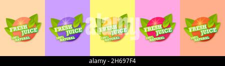 Juice fresh fruit label icon set. Orange, blueberry, peach, strawberry, raspberry healthy juice sticker. Juicy drops and green leaves. Vector design. Stock Vector