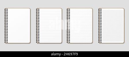 Ruled, gridded and dotted sheets. Blank sheets of notebook with grid for homework and exercises. Creative vector illustration mock up diary. Stock Vector