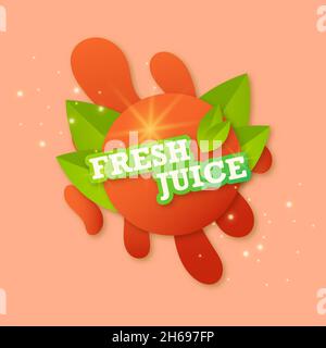 Juice fresh fruit label icon. 100% natural juicy strawberry drop. Strawberry healthy juice design sticker. Vector illustration. Stock Vector