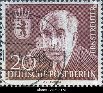 GERMANY, Berlin - CIRCA 1954: a postage stamp from Germany, Berlin showing a portrait of the Mayor of Berlin Ernst Reuter Stock Photo