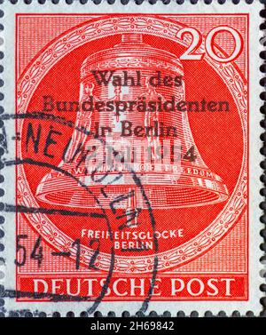 GERMANY, Berlin - CIRCA 1954: a postage stamp from Germany, Berlin showing the liberty bell with the text: New Birth of freedom. Clapper in the middle Stock Photo