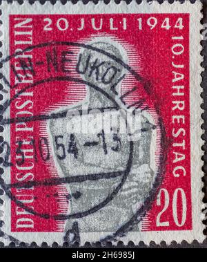 GERMANY, Berlin - CIRCA 1954: a postage stamp from Germany, Berlin showing a male stature on the occasion: 10th anniversary of the assassination attem Stock Photo