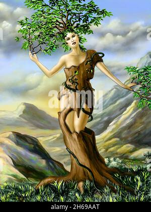 Fantasy portrait of an half girl, half tree creature. Digital illustration. Stock Photo