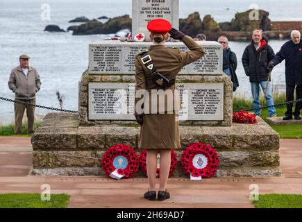 Dunbar, East Lothian, Scotland, United Kingdom, 14th November 2021. Remembrance Day: a commemorative service at the war memorial and wreath laying ceremony. Pictured: a poppy wreath laid on behalf of the Lothian and Border Yeomanry Stock Photo