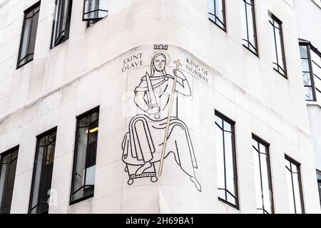 Frank Dobson mosaic of Saint Olave on the facade of art deco style St Olaf House, London Bridge, London, UK Stock Photo