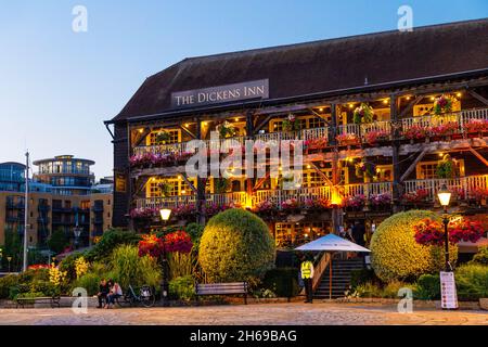 Old 18th century warehouse, now The Dickens Inn pub and restaurant in St Katharine's Docks, London, UK Stock Photo
