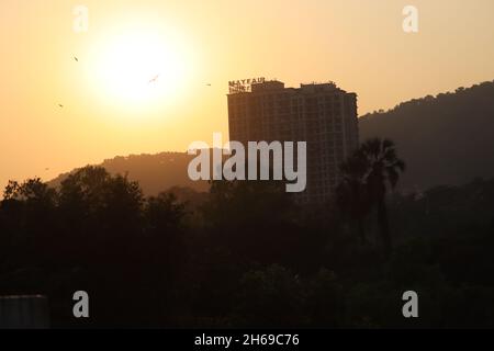 Mumbai, Maharashtra, India, November 13 2021: Mayfair hillcrust apartment building at Vikhroli, Mumbai shot with the backdrop of orange skyline along Stock Photo