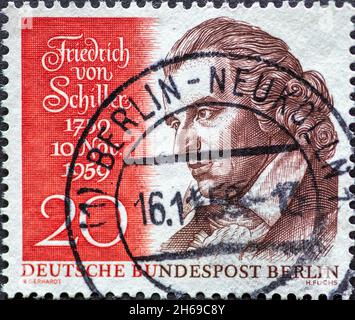 GERMANY, Berlin - CIRCA 1959: a postage stamp from Germany, Berlin showing Portrait of the poet Friedrich Schiller. 200th birthday of Friedrich Schill Stock Photo