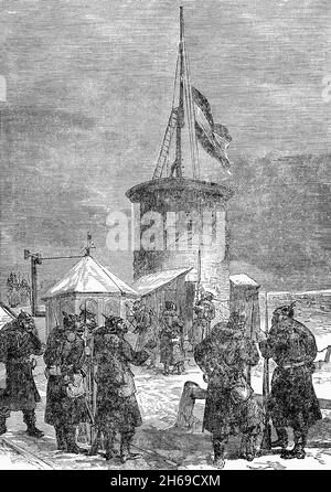 A late 19th Century illustration of the hoisting of the German flag following the (Second) Battle of Buzenval, also known as the Battle of Mont Valérien, part of the siege of Paris during the Franco-Prussian War. Stock Photo