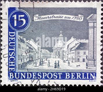 GERMANY, Berlin - CIRCA 1963: This postage stamp from Germany, Berlin showing Old Berlin: wall street 1780 Stock Photo