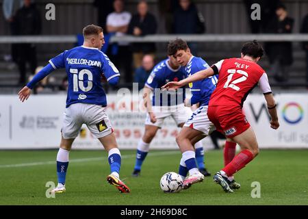 EXETER, GBR. NOV 13TH Oldham Athletic's Benny Couto tussles with Josh Key of Exeter City during the Sky Bet League 2 match between Exeter City and Oldham Athletic at St James' Park, Exeter on Saturday 13th November 2021. (Credit: Eddie Garvey | MI News) Stock Photo