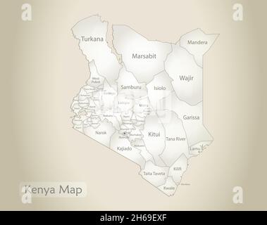 Kenya map, administrative division with names, old paper background vector Stock Vector