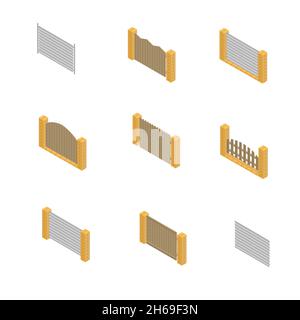 Set of spans fences of various materials. Wood, steel and bricks . Isolated on white background. Elements of buildings and landscape design. 3D isomet Stock Vector