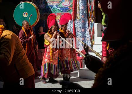 Marpha, Nepal - November 2021: Lama dance at the Marpha Buddhist Monastery in the Mustang district on November 3, 2021 in Marpha, Nepal. Stock Photo