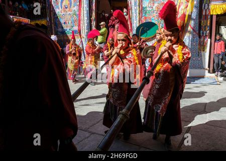 Marpha, Nepal - November 2021: Lama dance at the Marpha Buddhist Monastery in the Mustang district on November 3, 2021 in Marpha, Nepal. Stock Photo