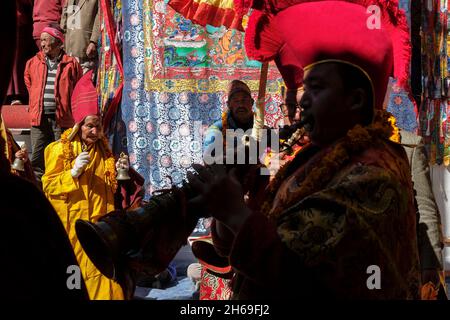 Marpha, Nepal - November 2021: Lama dance at the Marpha Buddhist Monastery in the Mustang district on November 3, 2021 in Marpha, Nepal. Stock Photo