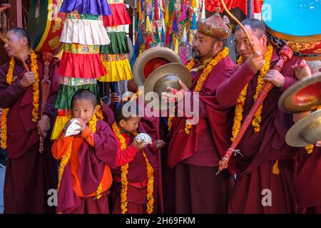 Marpha, Nepal - November 2021: Lama dance at the Marpha Buddhist Monastery in the Mustang district on November 3, 2021 in Marpha, Nepal. Stock Photo