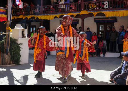 Marpha, Nepal - November 2021: Lama dance at the Marpha Buddhist Monastery in the Mustang district on November 3, 2021 in Marpha, Nepal. Stock Photo