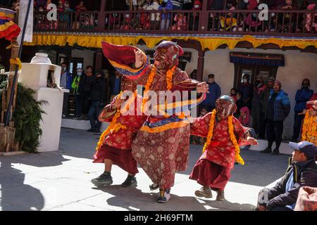 Marpha, Nepal - November 2021: Lama dance at the Marpha Buddhist Monastery in the Mustang district on November 3, 2021 in Marpha, Nepal. Stock Photo