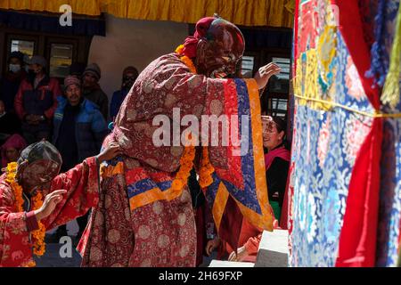 Marpha, Nepal - November 2021: Lama dance at the Marpha Buddhist Monastery in the Mustang district on November 3, 2021 in Marpha, Nepal. Stock Photo