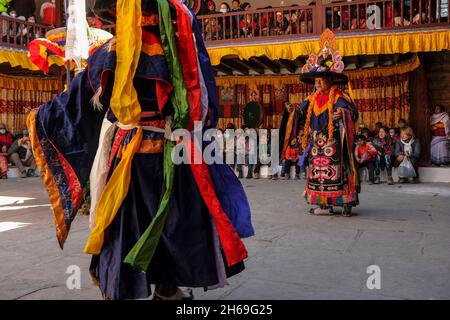 Marpha, Nepal - November 2021: Lama dance at the Marpha Buddhist Monastery in the Mustang district on November 3, 2021 in Marpha, Nepal. Stock Photo