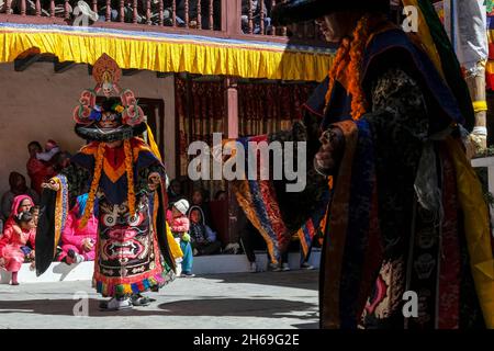 Marpha, Nepal - November 2021: Lama dance at the Marpha Buddhist Monastery in the Mustang district on November 3, 2021 in Marpha, Nepal. Stock Photo