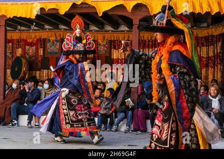 Marpha, Nepal - November 2021: Lama dance at the Marpha Buddhist Monastery in the Mustang district on November 3, 2021 in Marpha, Nepal. Stock Photo