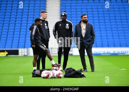 Brighton, UK. 14th Nov, 2021. Jonathan Morgan Manager of Leicester City with his staff before the FA Women's Super League match between Brighton & Hove Albion Women and Leicester City Women at The Amex on November 14th 2021 in Brighton, England. (Photo by Jeff Mood/phcimages.com) Credit: PHC Images/Alamy Live News Stock Photo