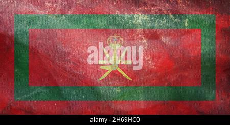 Top view retro of Royal Standard of Oman flag , with grunge texture. Oman  patriotic and travel concept. no flagpole. Plane design, layout. Flag backg Stock Photo