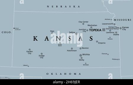 Kansas, KS, gray political map, with the capital Topeka and largest cities. State in the Midwestern United States of America, The Sunflower State. Stock Photo