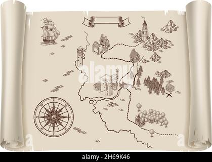 Pirate Fantasy Treasure Map Vintage Illustration Stock Vector