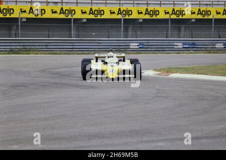 Imola, 1980: Tests of Formula 1 at Imola Circuit. Rene Arnoux in action on Renault RE20 Turbo. Stock Photo