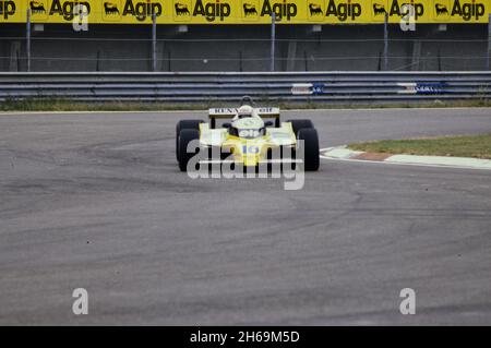Imola, 1980: Tests of Formula 1 at Imola Circuit. Rene Arnoux in action on Renault RE20 Turbo. Stock Photo