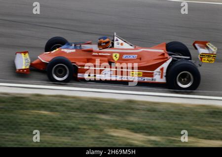 Imola, 1980: Tests of Formula 1 at Imola Circuit. Gilles Villeneuve in action on Ferrari T5. Stock Photo