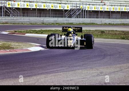 Imola, 1986: Tests of Formula 1 at Imola Circuit. Ayrton Senna in action on Lotus 98T. Stock Photo