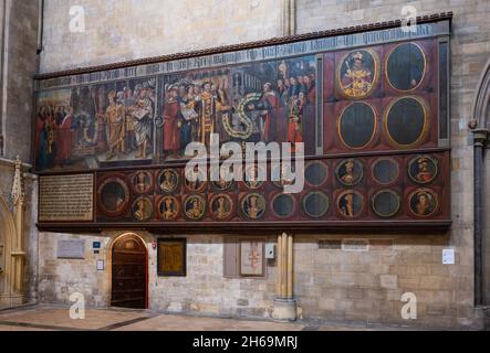14th century Tudor mural 'Operibus credite' in South Transept of Chichester Cathedral, UK. With thanks to The Dean & Chapter of Chichester Cathedral. Stock Photo