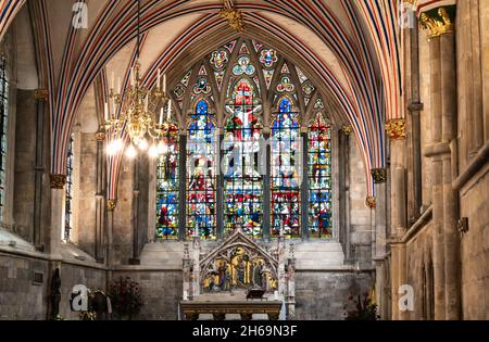 Stained glass window of Jesus' crucifixion in The Lady Chapel, Chichester Cathedral, UK. With thanks to The Dean & Chapter of Chichester Cathedral. Stock Photo