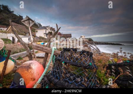 isle of wight, steephill cove ventnor isle of wight, fishing floats and lobster pots at steephill cove near ventnor isle of wight, isle of wight coast Stock Photo