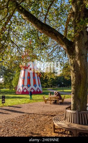 helter skelter in the grounds of sandringham royal estate in norfolk, vintage funfair helter skelter ride, antique fairground helter skelter ride. Stock Photo