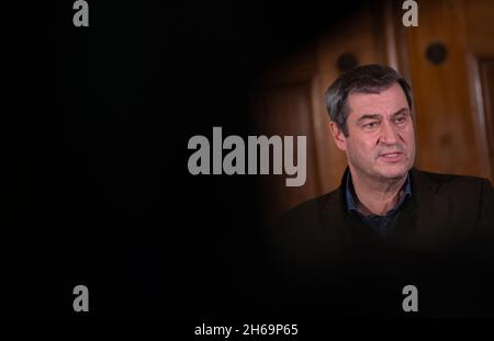 Munich, Germany. 14th Nov, 2021. Markus Söder (CSU), Prime Minister of Bavaria, gives a press statement before the start of the two-day budget meeting of the Bavarian State Government at the Residence. Credit: Sven Hoppe/dpa/Alamy Live News Stock Photo