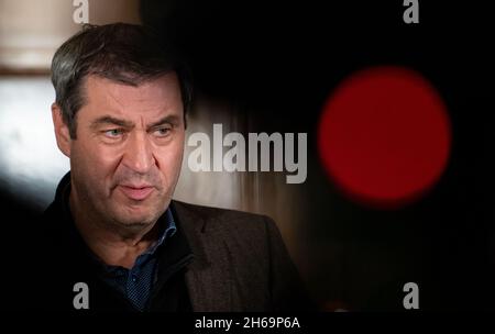Munich, Germany. 14th Nov, 2021. Markus Söder (CSU), Prime Minister of Bavaria, gives a press statement before the start of the two-day budget meeting of the Bavarian State Government at the Residence. Credit: Sven Hoppe/dpa/Alamy Live News Stock Photo